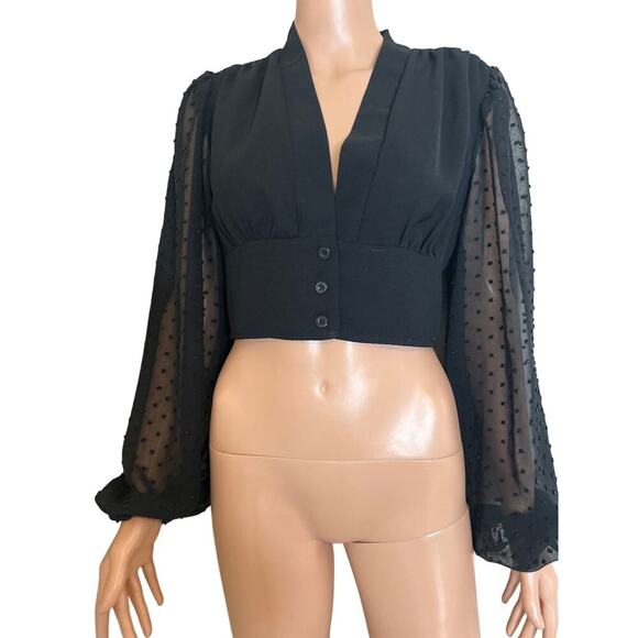 Unity Swiss Dot Lantern Sleeve Blouse button up puff sleeve cropped black SZ S - Picture 2 of 7